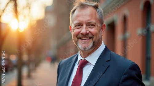 A confident businessman stands outdoors in a suit, smiling as the sunset casts a warm glow over the urban street, highlighting his professional demeanor