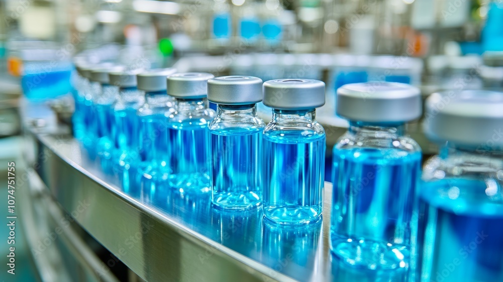 Glass ampoules with blue liquid moving along an automatic conveyor line in pharmaceutical production, illustrating the vaccine manufacturing process for coronavirus Glass ampoules with blue liquid moving along an automatic conveyor line in pharmaceutical production, illustrating the vaccine manufacturing process for coronavirus