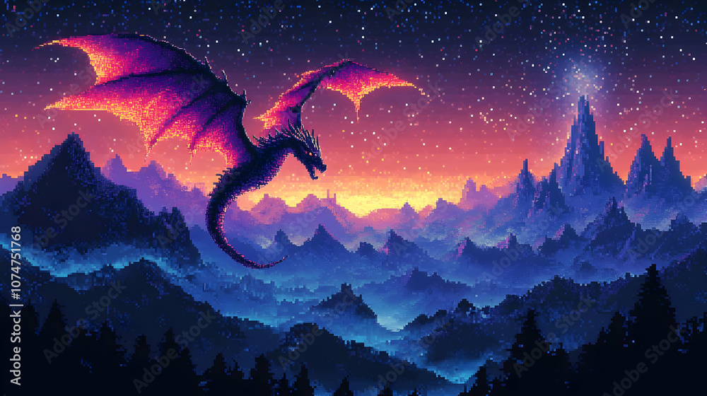 Fototapeta premium Pixelated Dragon Flying Over Mountain Range Illustration