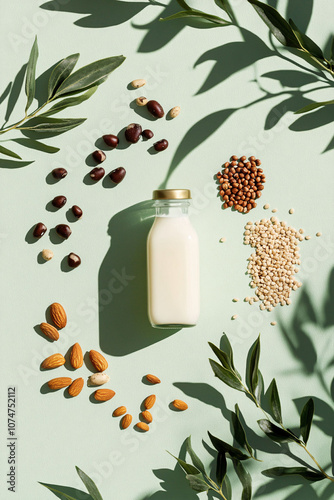 Vegan Milk Bottle with Nuts and Seeds Flat Lay photo