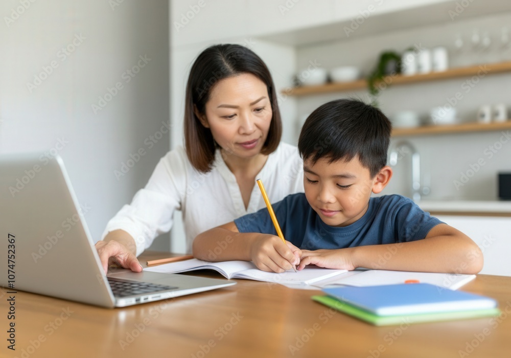 Asian mother assisting her son with homework, using a laptop for online learning in their kitchen Asian mother assisting her son with homework, using a laptop for online learning in their kitchen