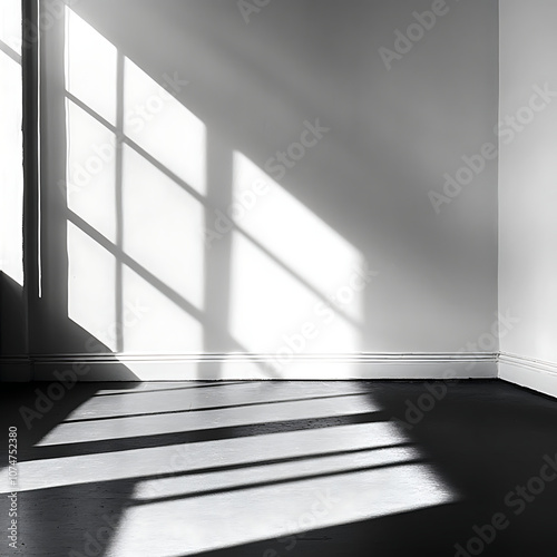 Minimalist room with sunlight shadows creating patterns on floor, emphasizing contrast between light and dark. serene and tranquil atmosphere is captured photo