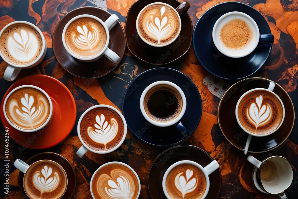 Collection of Hot Espresso and Macchiato Cups on a Creative Background Collection of Hot Espresso and Macchiato Cups on a Creative Background