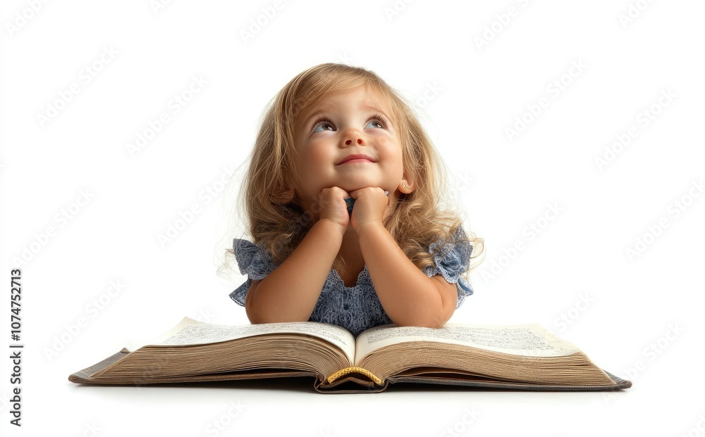 A little girl is drawing with crayons on paper, looking up and thinking about something while sitting at the table against a white background A little girl is drawing with crayons on paper, looking up and thinking about something while sitting at the table against a white background