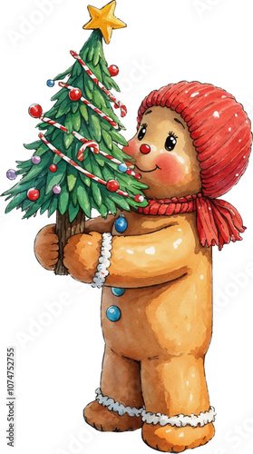 Gingerbread Character Holding Decorated Christmas Tree with Ornaments