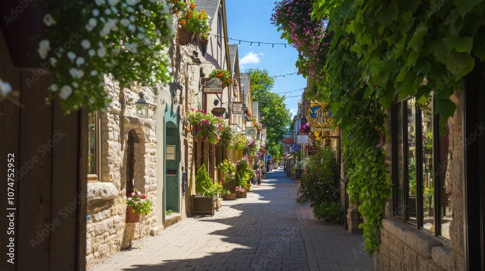 Fototapeta premium Quaint Small-Town Charm: Historic Main Street Bursting with Local Shops and Cafes in Vibrant Activity
