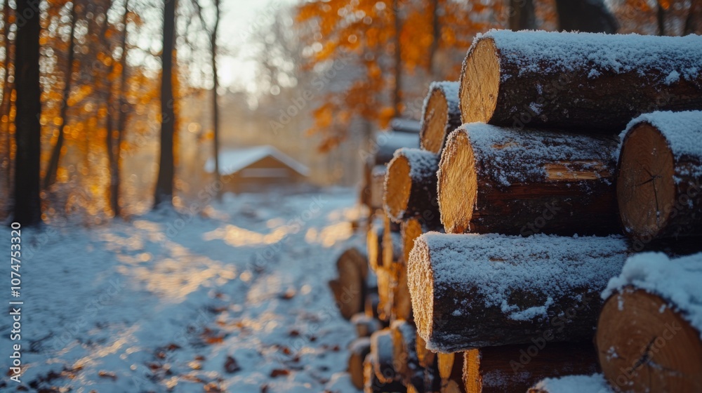 Snow-covered logs in a winter forest with a blurred background Snow-covered logs in a winter forest with a blurred background
