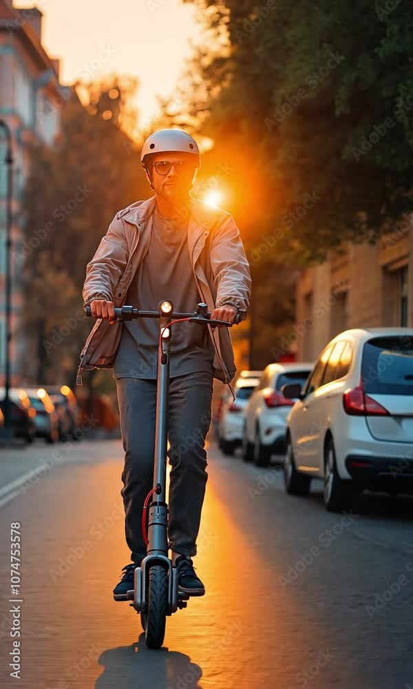 Man of Caucasian descent riding an electric scooter at dusk Man of Caucasian descent riding an electric scooter at dusk