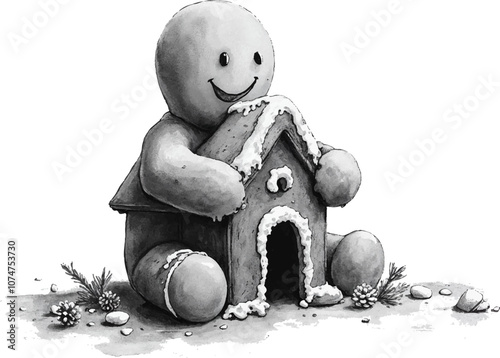 Gingerbread Man Building a Tiny Gingerbread House