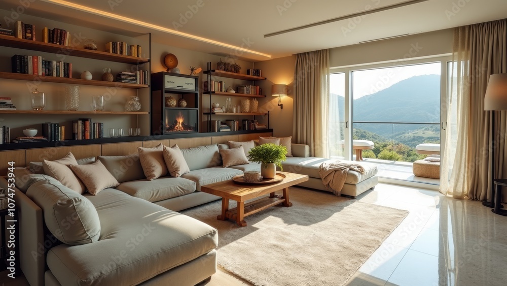 A spacious living room features a plush sectional sofa, bookshelves filled with books, and a stunning view of the mountains through large windows A spacious living room features a plush sectional sofa, bookshelves filled with books, and a stunning view of the mountains through large windows