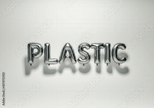 Silver foil balloons spelling out the word plastic against a white background