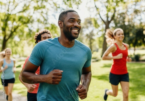 Friends running outdoors in a park are smiling and enjoying their workout together