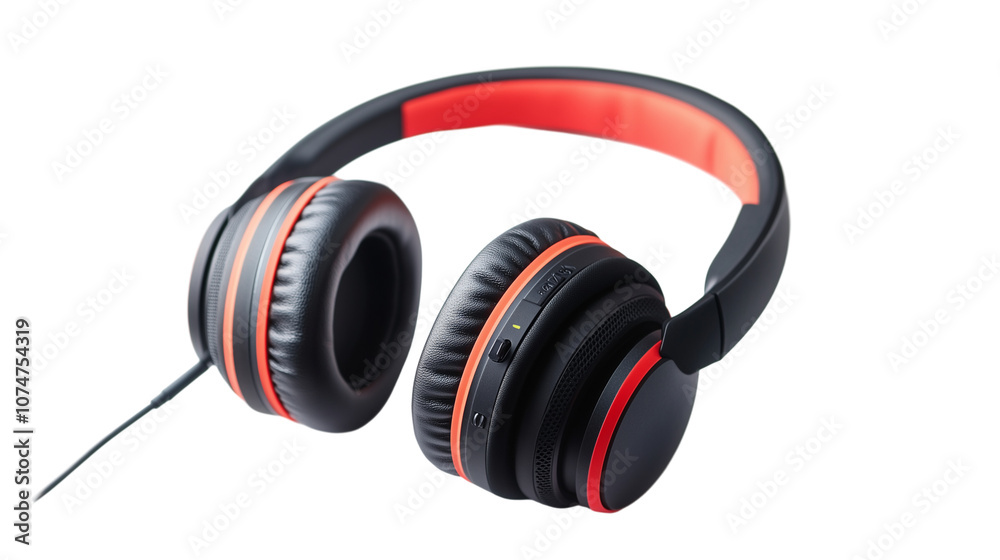 Pair of gaming red black headsets with microphone isolated on transparent background Pair of gaming red black headsets with microphone isolated on transparent background