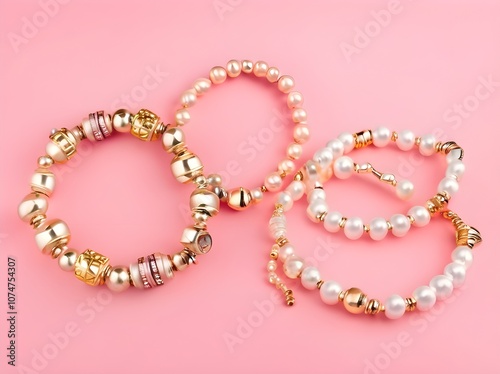 Top view of golden with pearl bracelets on pink and wh