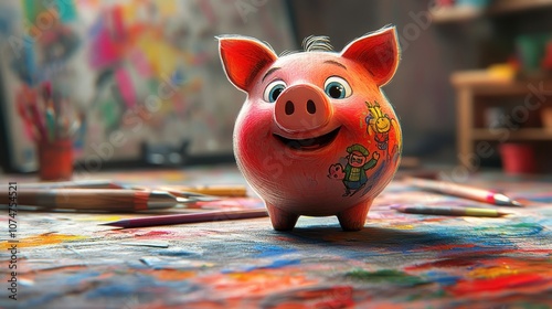 A handdrawn style piggy bank with whimsical designs, illustrating a playful approach to saving, close up, creative savings theme, dynamic, multilayer, artist s desk backdrop photo