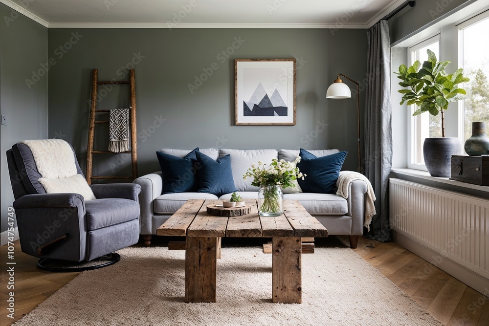 Fototapeta premium Cozy Scandinavian Living Space with Plush Recliner and Rustic Barnwood Coffee Table