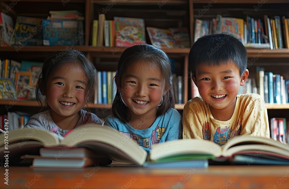 Three Asian children reading books and smiling at the camera in a library, with bookshelves behind them. Three Asian children reading books and smiling at the camera in a library, with bookshelves behind them.