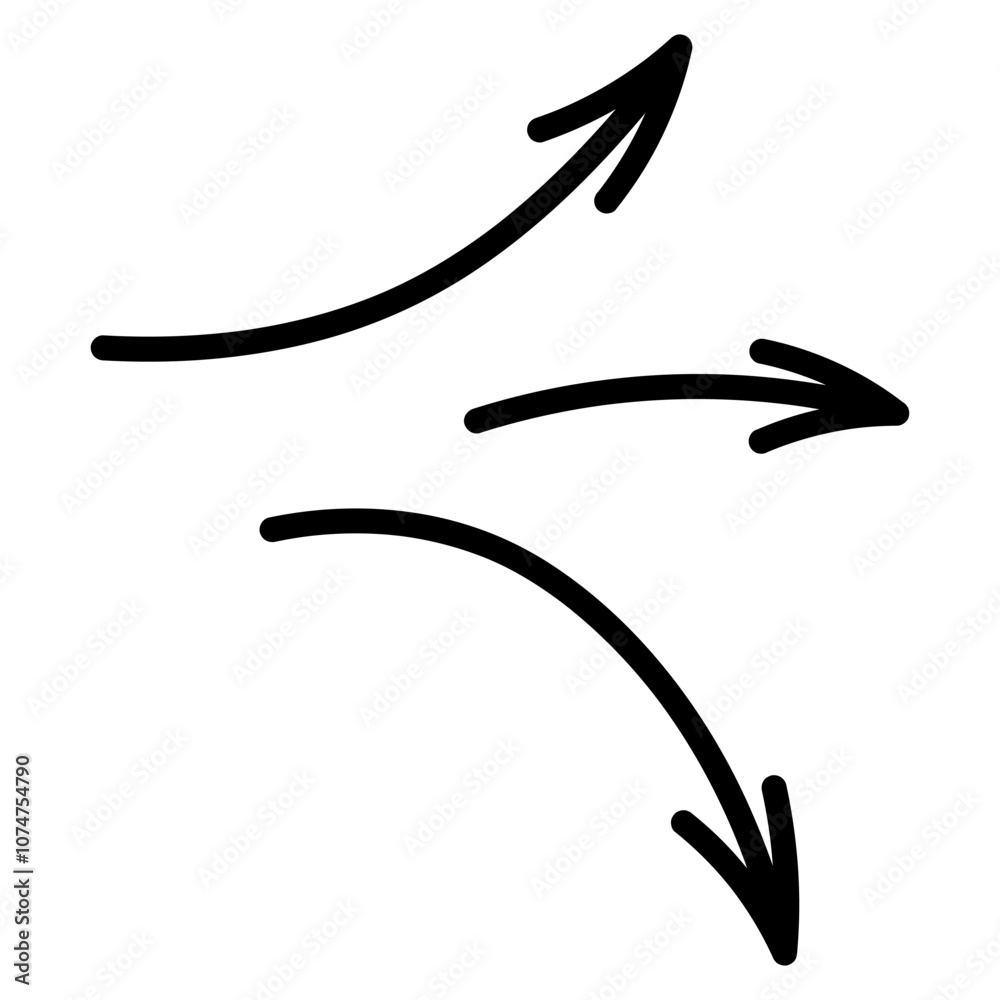 Three black arrows. Sketch. Bunch of pointers pointing right. Vector illustration. Curved direction signs. Outline on isolated white background. Doodle style. Idea for web design. Three black arrows. Sketch. Bunch of pointers pointing right. Vector illustration. Curved direction signs. Outline on isolated white background. Doodle style. Idea for web design.