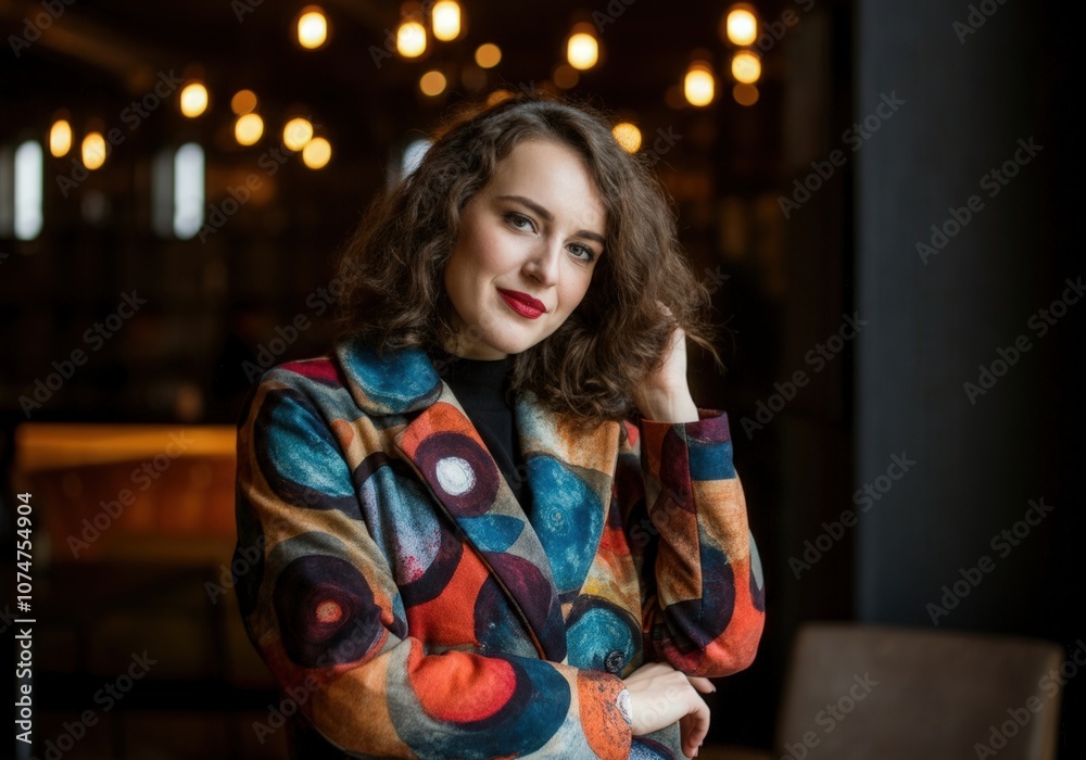 Confident woman with red lipstick and colorful patterned coat posing in a dimly lit restaurant, exuding style and sophistication Confident woman with red lipstick and colorful patterned coat posing in a dimly lit restaurant, exuding style and sophistication