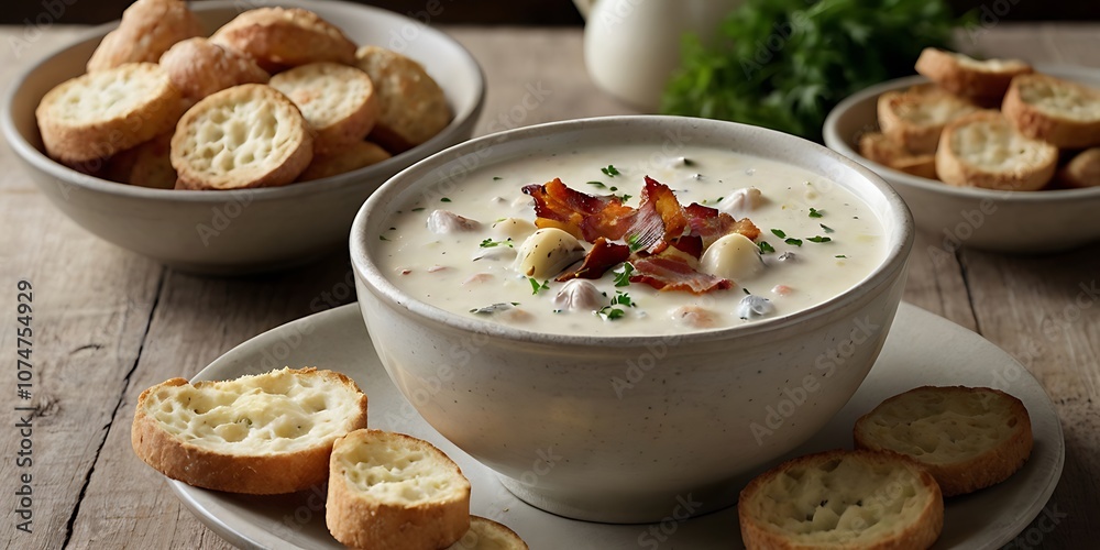 A bowl of creamy Clam Chowder with chunks of potatoes and herbs A bowl of creamy Clam Chowder with chunks of potatoes and herbs