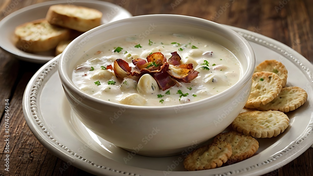 A bowl of creamy Clam Chowder with chunks of potatoes and herbs A bowl of creamy Clam Chowder with chunks of potatoes and herbs