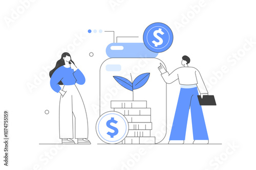 Finance. People Making Savings. Collecting and saving money in glass jar earning concept. Investment and Finance Management Concept. Flat Cartoon Vector Illustration, icon. Stylish, Minimalist 