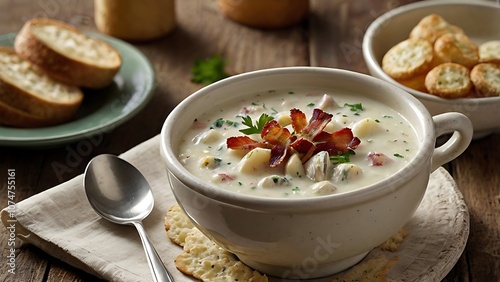 A bowl of creamy Clam Chowder with chunks of potatoes and herbs