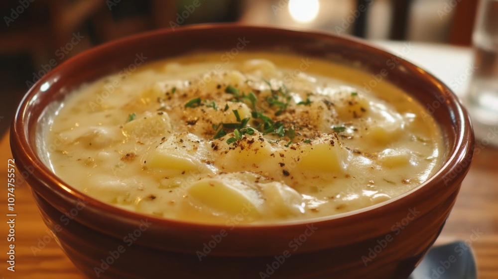 Creamy Potato Soup with Herbs and Pepper in a Brown Bowl Creamy Potato Soup with Herbs and Pepper in a Brown Bowl