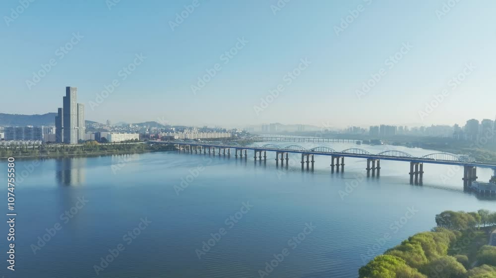 Drone View of Seoul city in Sunrise of Dongjak-gu, Han River, Autumn, 60fps Drone View of Seoul city in Sunrise of Dongjak-gu, Han River, Autumn, 60fps