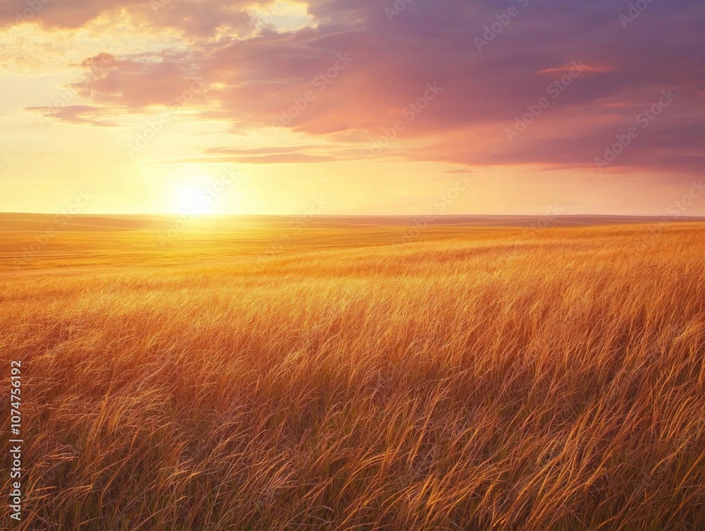 Vast Prairie Landscape at Warm Sunset with Glowing Horizon Vast Prairie Landscape at Warm Sunset with Glowing Horizon