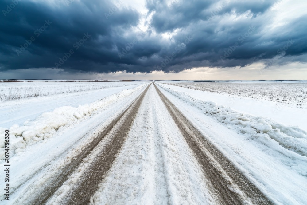 Winding Road Leading to the Horizon in an Empty Snowy Field Winding Road Leading to the Horizon in an Empty Snowy Field