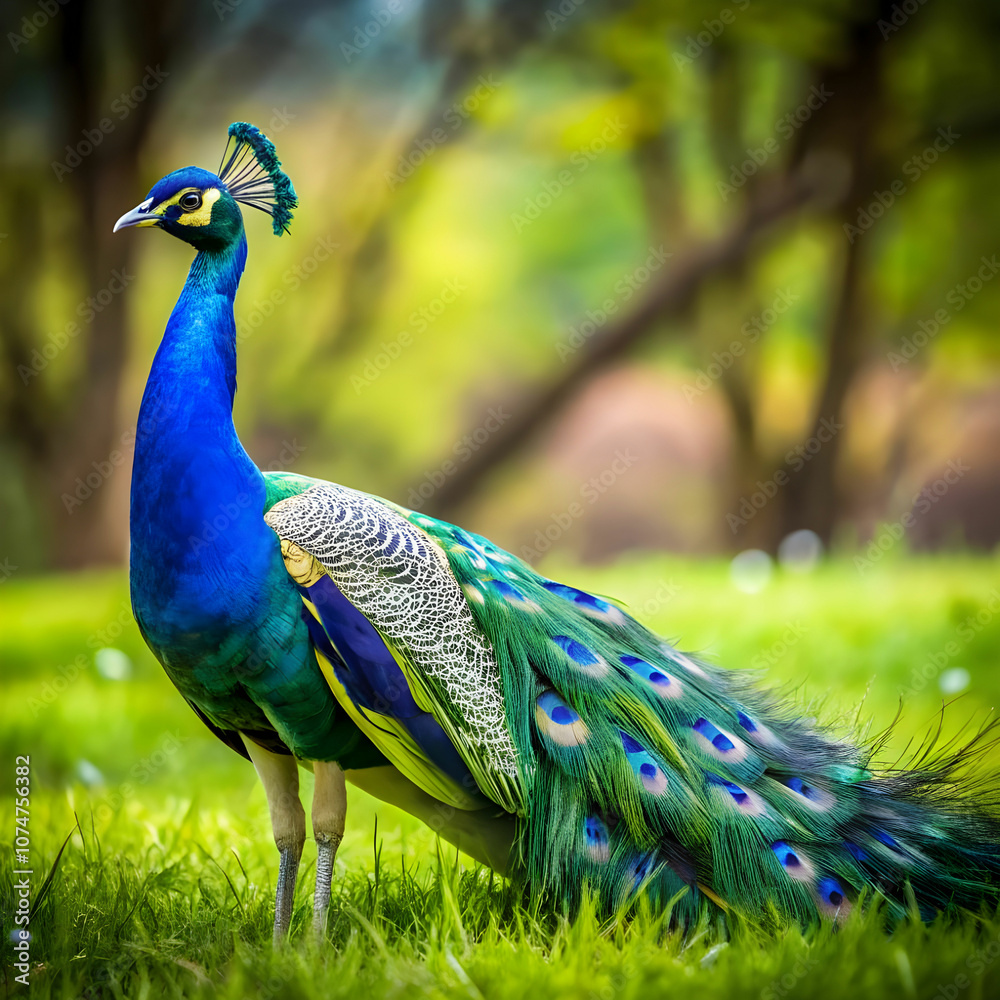Fototapeta premium Majestic Peacock in a Lush Green Field
