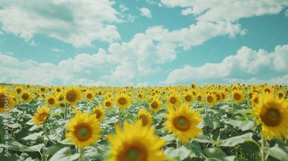 Fototapeta premium Vibrant Field of Blooming Sunflowers Against a Scenic Sky