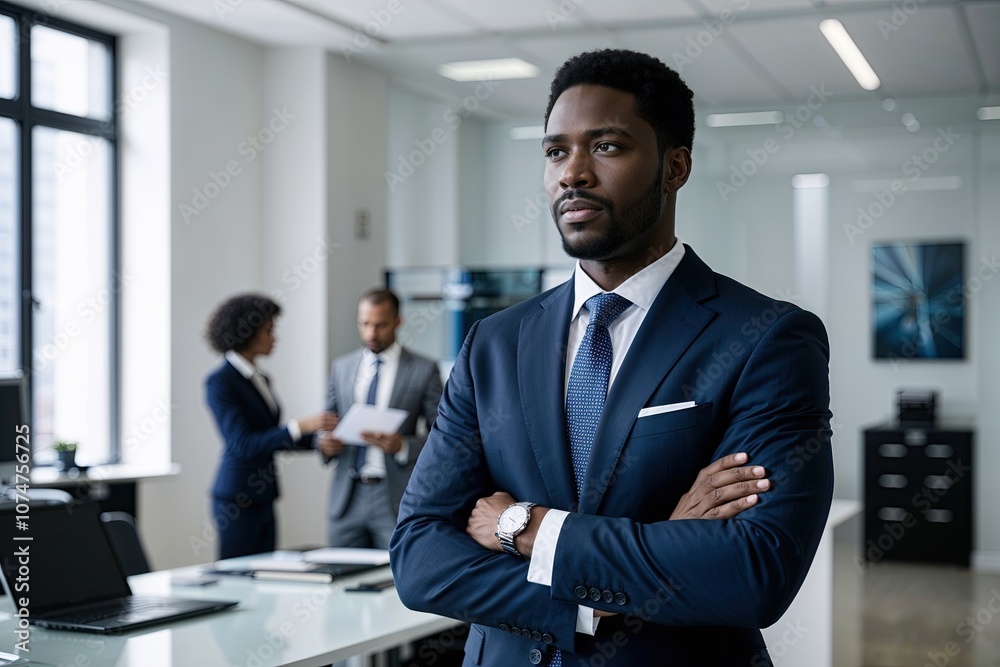 African American Man in Tailored Suit at Financial Office, Professional Male Analyst in High-Pressure Environment African American Man in Tailored Suit at Financial Office, Professional Male Analyst in High-Pressure Environment
