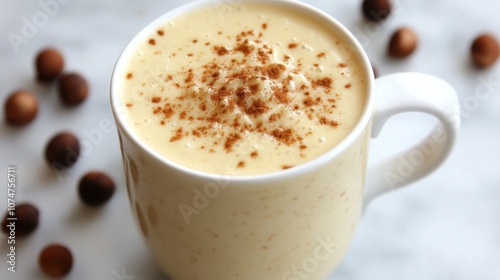 Creamy white drink with cinnamon topping in a white mug