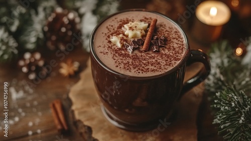 Close-up of a steaming cup of hot chocolate topped with cinnamon, chocolate shavings, and marshmallows