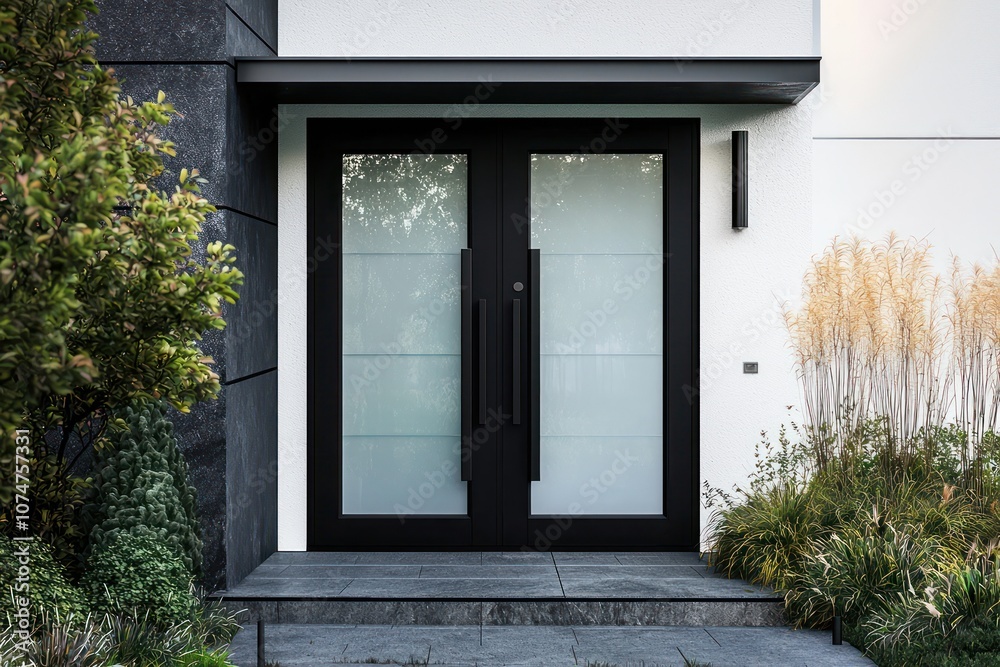 Fototapeta premium Contemporary entryway with elegant black frosted glass double doors.