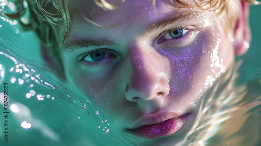 Handsome young caucasian man emerging from water showing his pretty face and blond hair