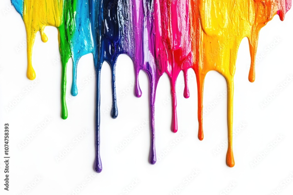 Colorful paint dripping on a white background, creating a rainbow of colors. Colorful paint dripping on a white background, creating a rainbow of colors.