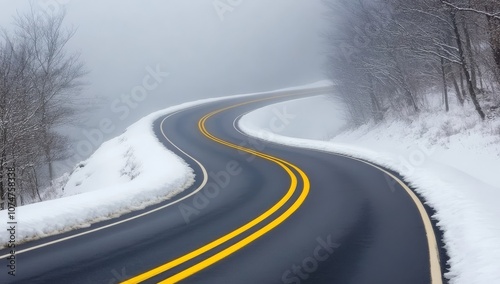 Winding Road in Winter with Snow-Covered Trees and Fog