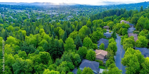 The expansion of a city overtakes a green forest, symbolizing the impact of unsustainable land use on the environment photo