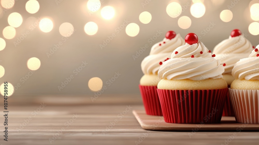 Delicious cupcakes topped with cream and cherries, set against a dreamy, blurred background of sparkling lights. Delicious cupcakes topped with cream and cherries, set against a dreamy, blurred background of sparkling lights.