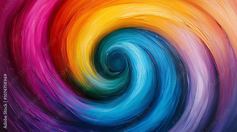 Fototapeta premium Abstract background Vibrant abstract spiral artwork in spectrum colors, showcasing hues of red, orange, yellow, green, blue, and purple, creating dynamic visual experience