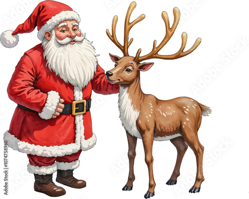 Santa Claus in a red suit interacts with a reindeer, celebrating the festive spirit during Christmas season Watercolor vector