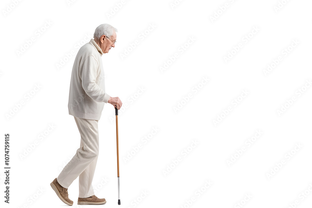 Elderly man walking with a cane side view isolated on white background Elderly man walking with a cane side view isolated on white background