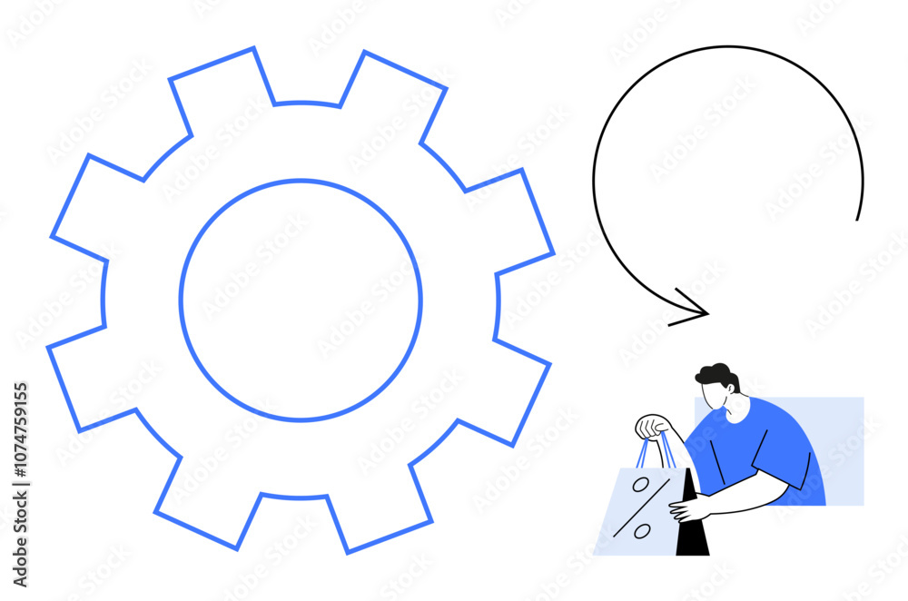 Gear with blue outline, circular arrow, and person holding shopping bags. Ideal for business progress, automation, consumer behavior, shopping trends, retail analysis, marketing process