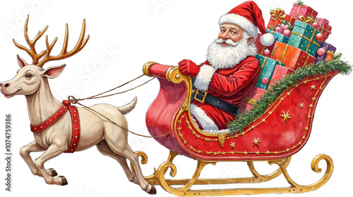 Santa Claus joyfully rides in a festive sleigh pulled by a reindeer, delivering gifts during the holiday season Watercolor vector