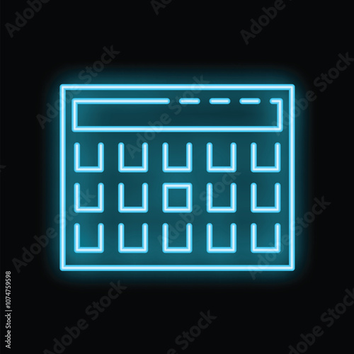 Blue neon calculator glowing on black background