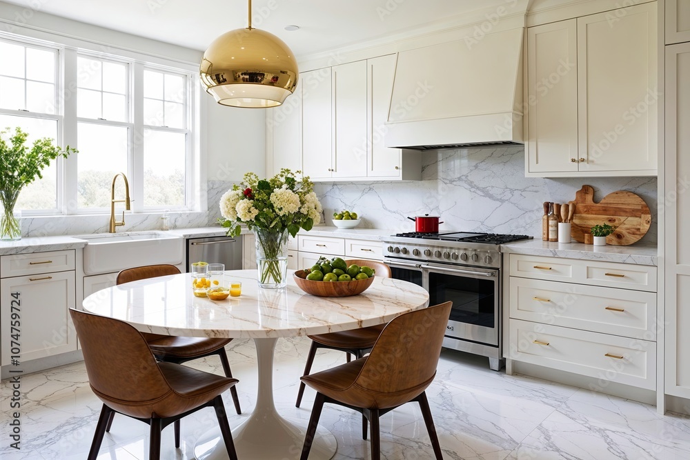 Chic Cream Marble Kitchen Table in a Bright, Modern Culinary Setting Chic Cream Marble Kitchen Table in a Bright, Modern Culinary Setting