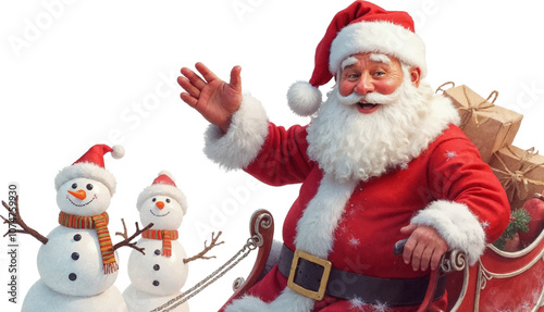 Santa Claus waving joyfully while surrounded by cheerful snowmen and festive gifts during the holiday season Watercolor vector